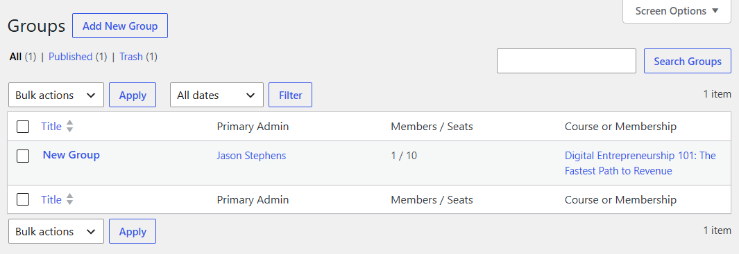 LifterLMS Groups admin screen showing the group’s capacity increased to ten seats after the extra purchase