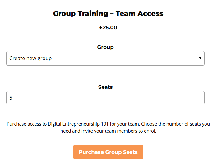 Pricing table with Create new group selected and 5 seats chosen