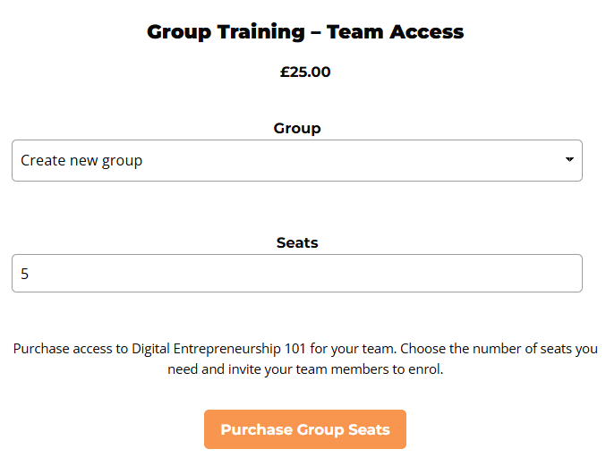 Pricing table set to create a second group with 5 seats before checkout