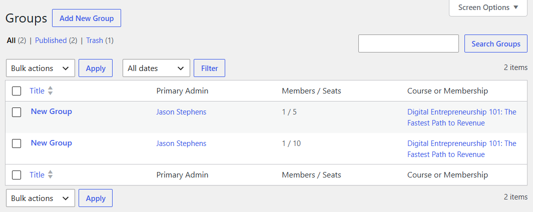 LifterLMS Groups admin screen showing two groups, with 5 and 10 seats, both linked to the same course