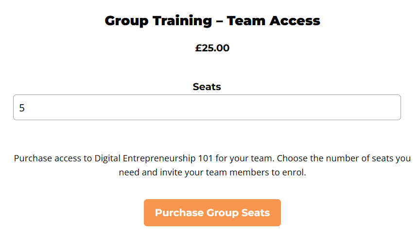 Group Training – Team Access pricing table at £25 per seat with the seat quantity set to 5 and a Purchase Group Seats button