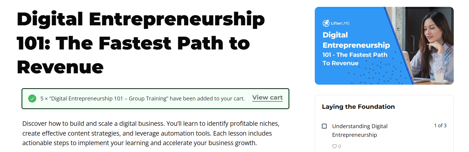 Course page confirming that 5 Digital Entrepreneurship 101 group training seats have been added to the WooCommerce cart