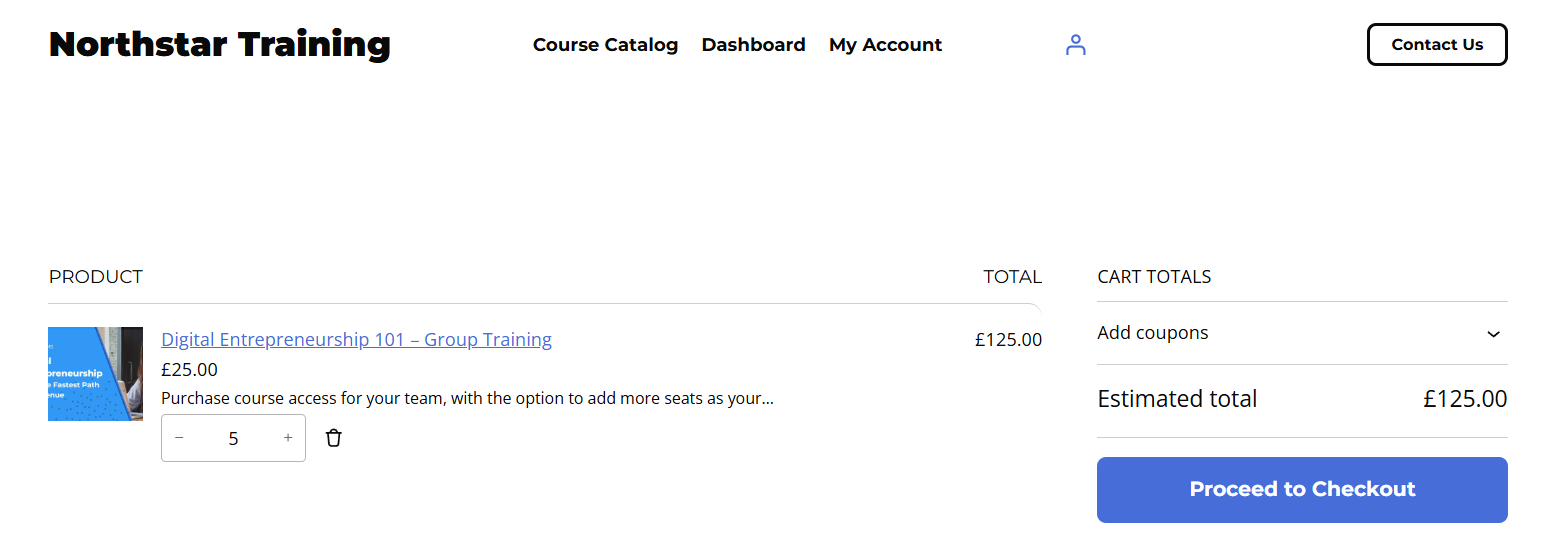 WooCommerce cart with 5 seats of Digital Entrepreneurship 101 group training at £25 each, totalling £125