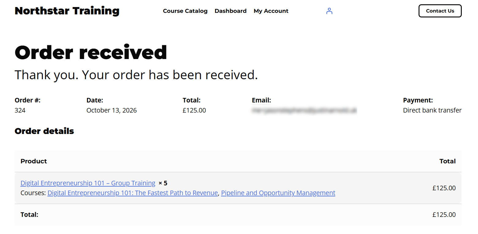 WooCommerce order received page for 5 group training seats totalling £125, paid by direct bank transfer