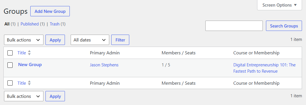 LifterLMS Groups admin screen showing the new group with one of five seats used and the purchaser as primary admin