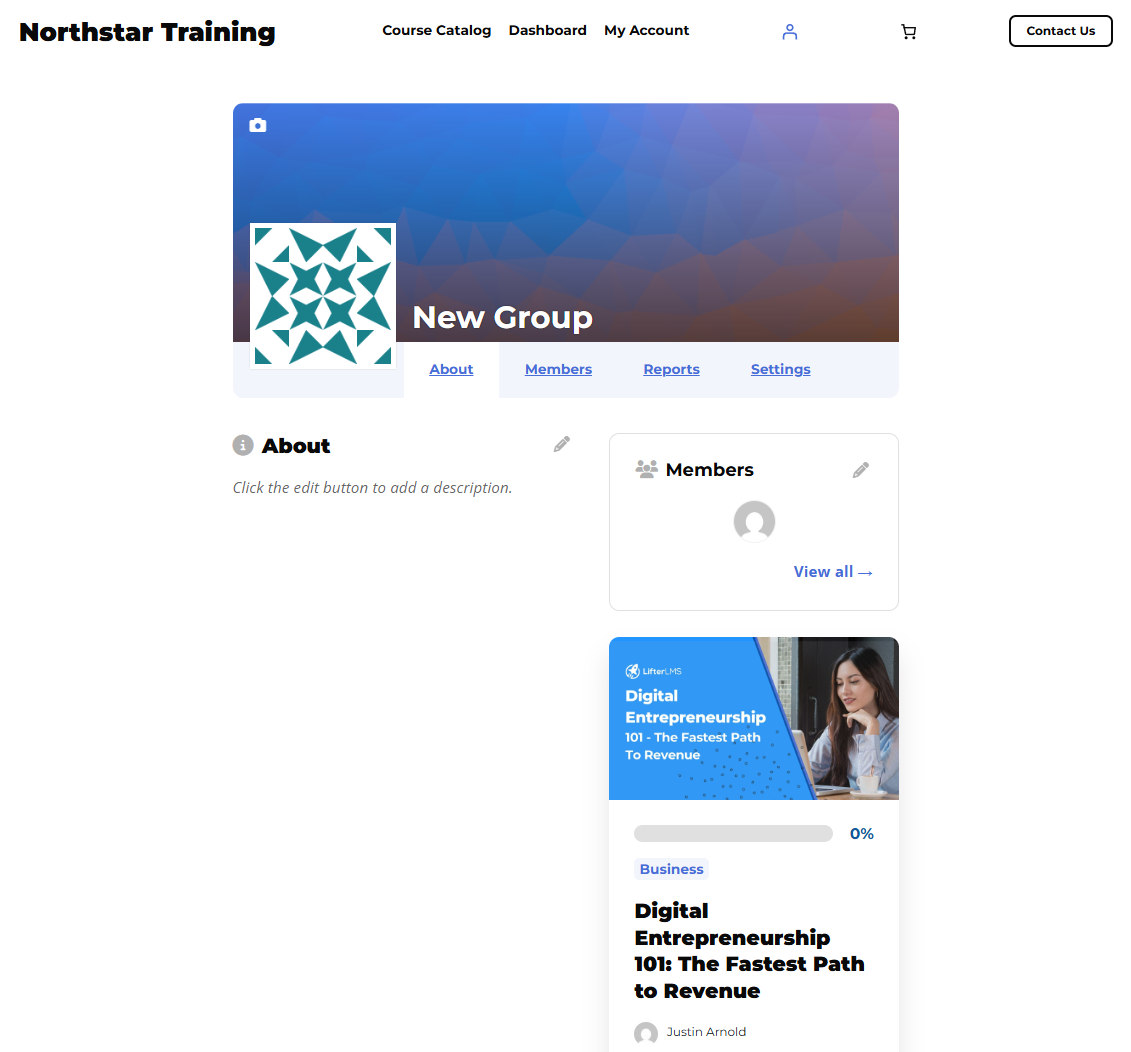 Front-end LifterLMS group dashboard with About, Members, Reports and Settings tabs and the group’s course