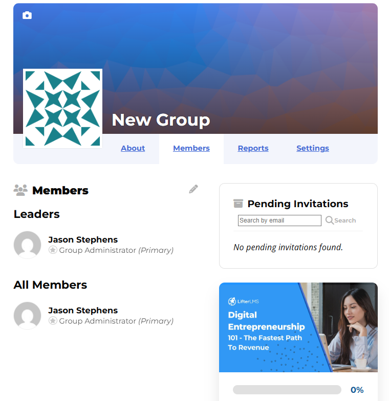 LifterLMS group Members tab listing the group administrator, with no pending invitations