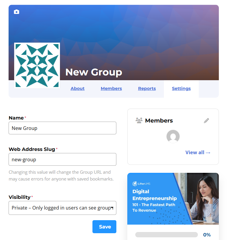 LifterLMS group Settings tab with fields for the group name, web address slug and visibility